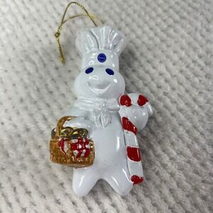 2001 Pillsbury Doughboy Christmas Ornament Candy Cane Basket Glitter Chef Hat